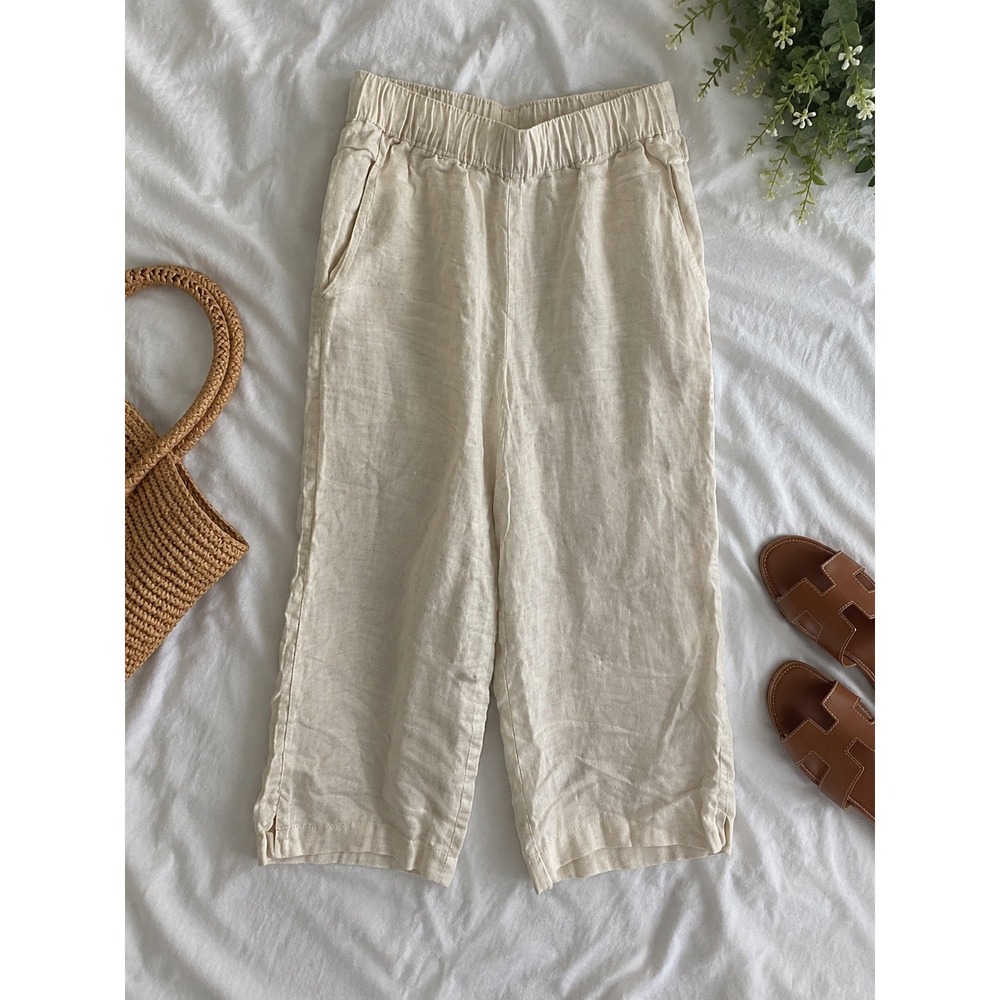 Tahari Women Cream 100% Organically Grown Linen Elastic Waist Crop Pants Small